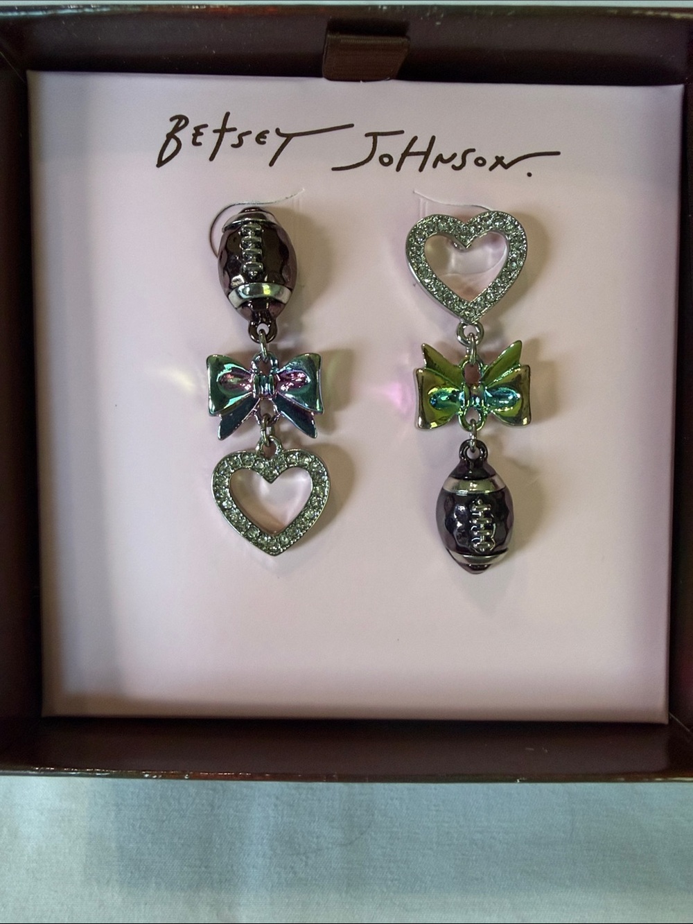 Betsey Johnson Mismatched Love Football Earrings Iridescent Dangle NWT